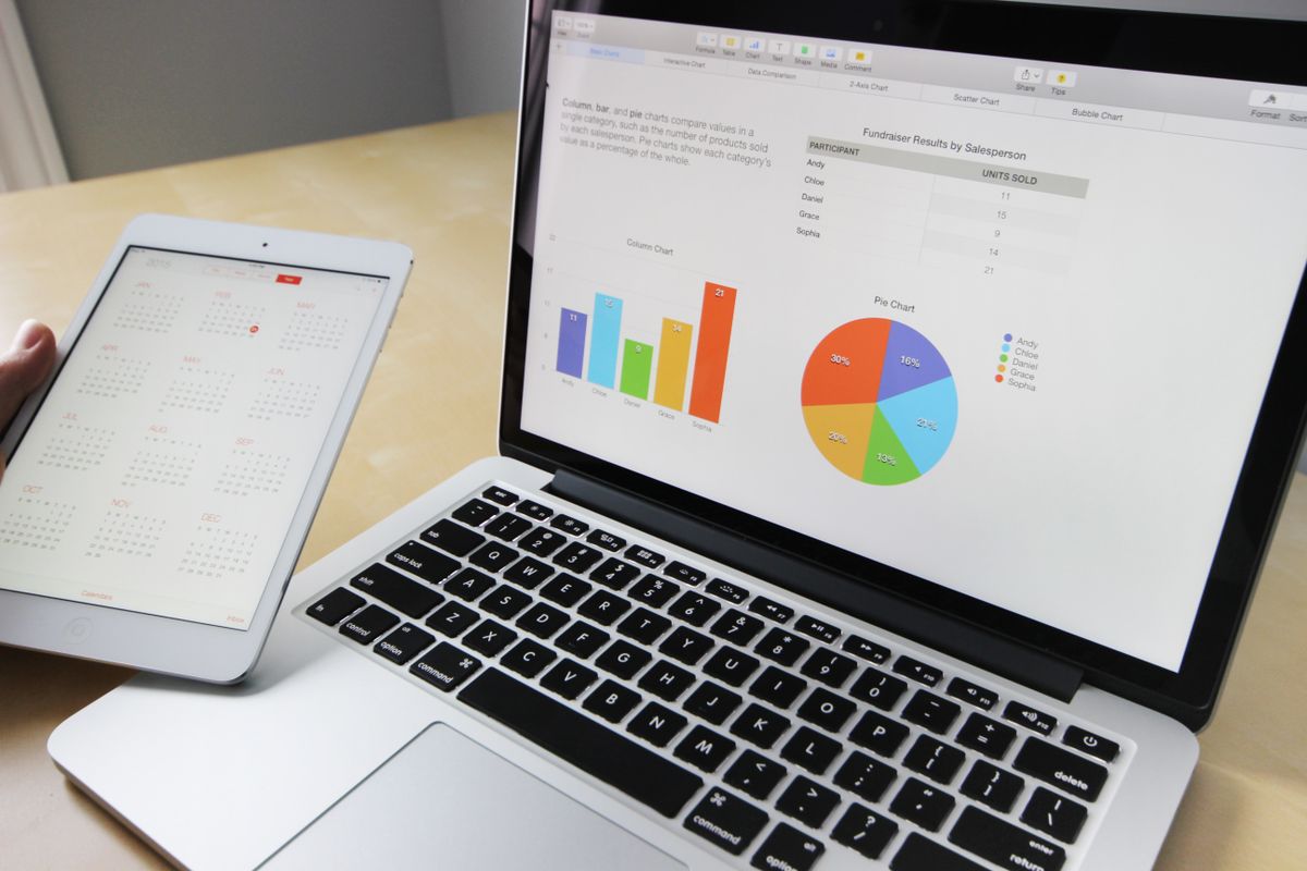 A laptop and tablet showing charts used to read campaign results